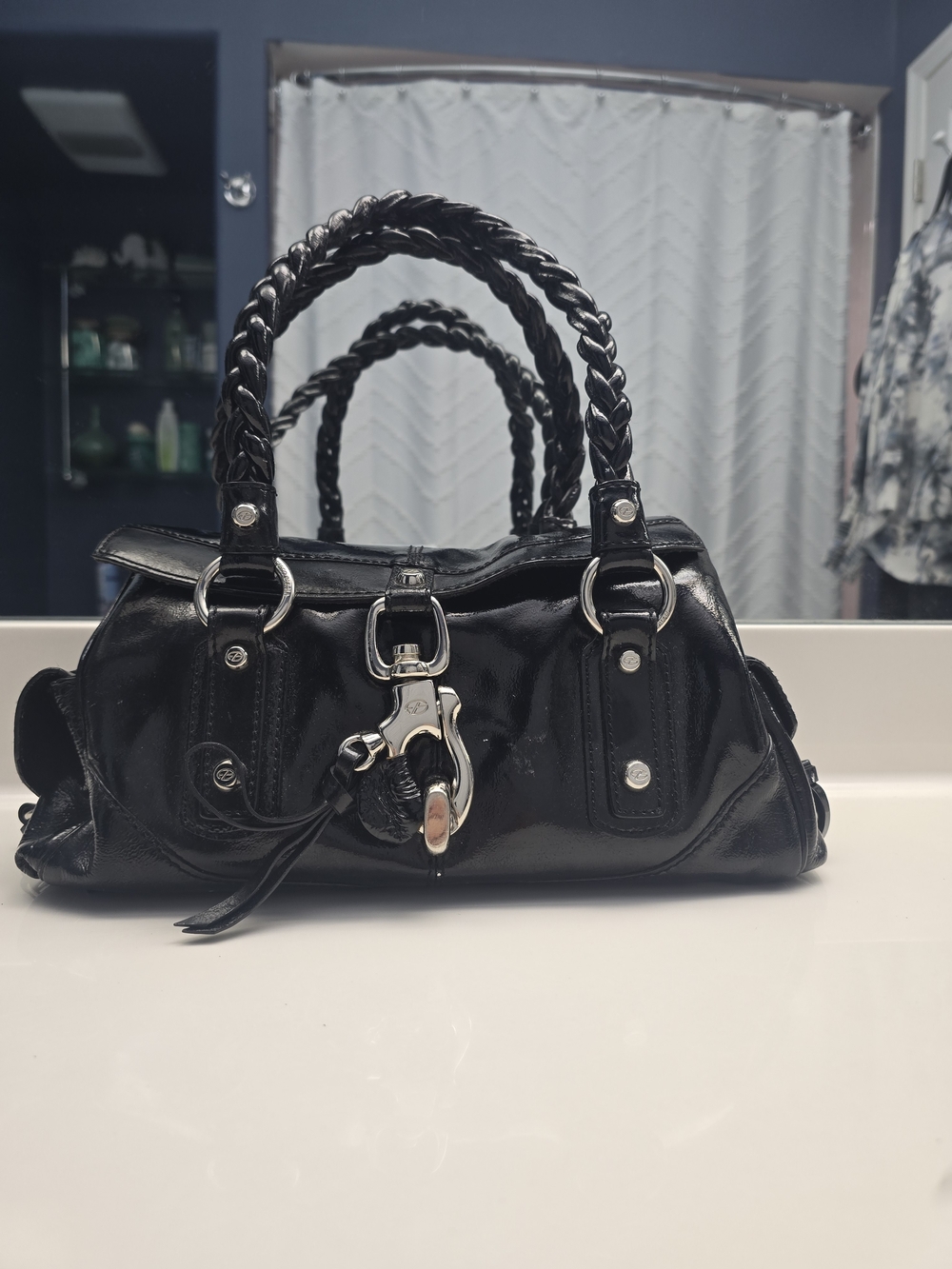 Francesco Biasia Black Patent Braided-Handle Shoulder Bag